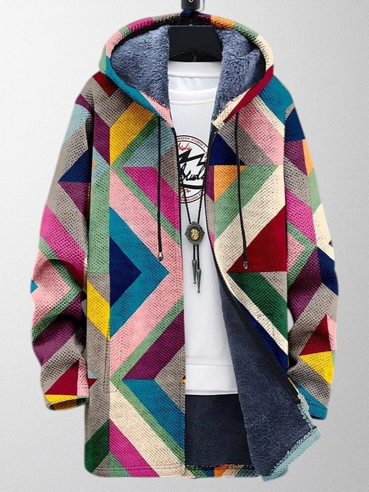 Women's long cardigan, vivid geometric print, bohemian style for autumn fashion outerwear