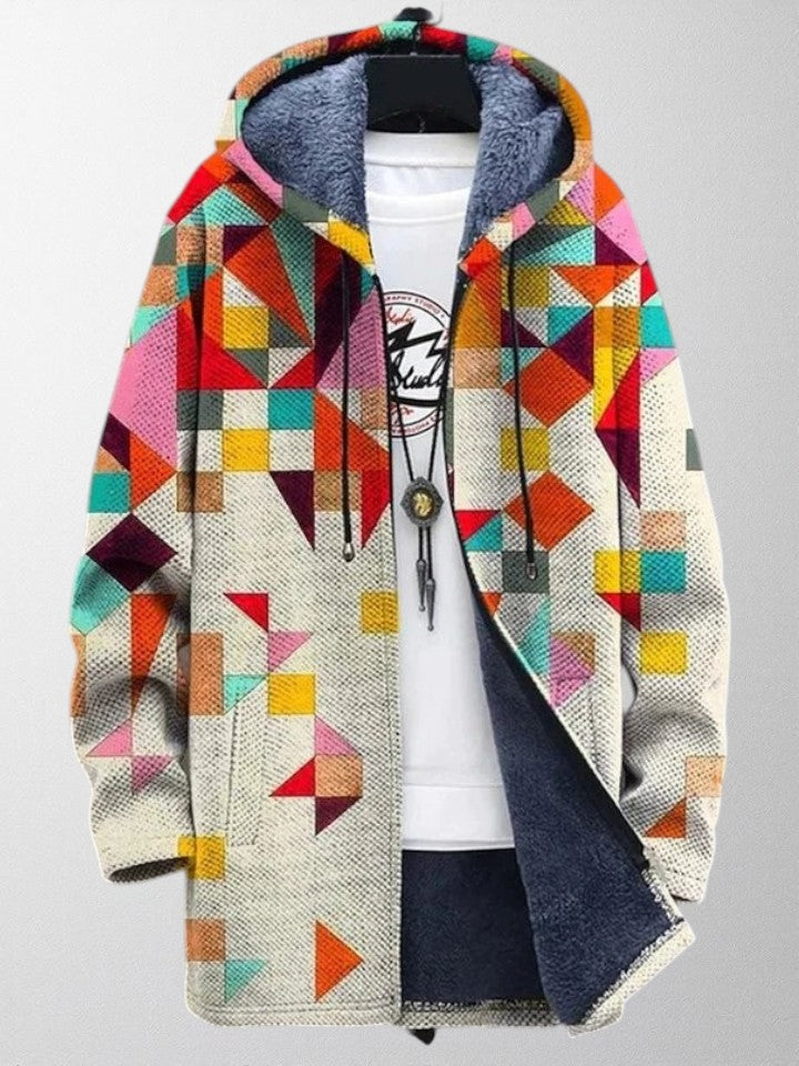 Relaxed fit women's cardigan featuring colorful artistic geometric print, perfect statement piece