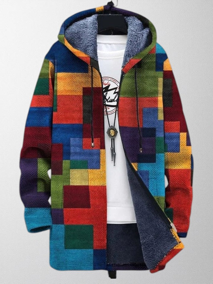 Stylish women's autumn wear: long cardigan with a vibrant, intricate geometric design