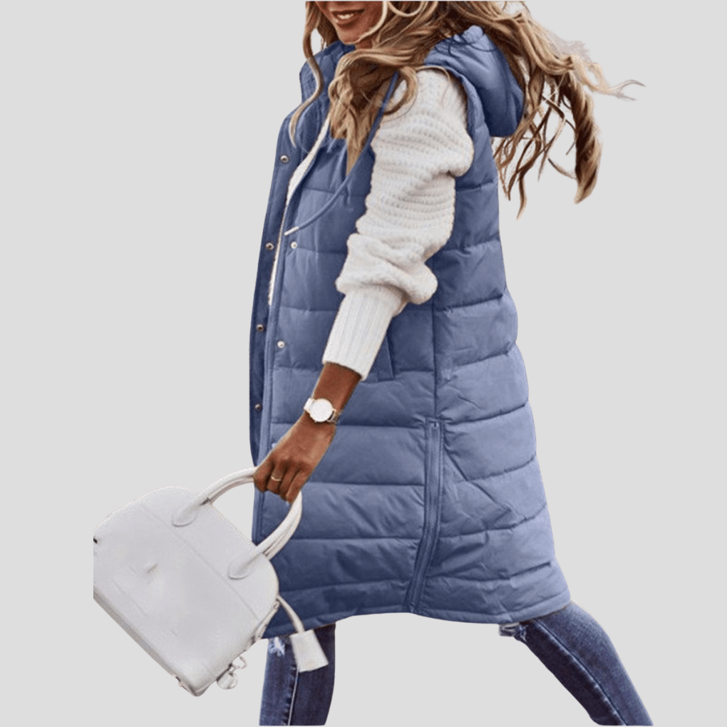 Women's long hooded sleeveless padded bodywarmer, black, perfect for winter layering