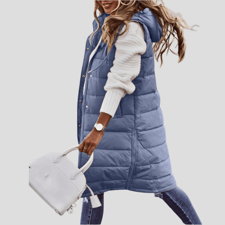 Women's long hooded sleeveless padded bodywarmer, black, perfect for winter layering