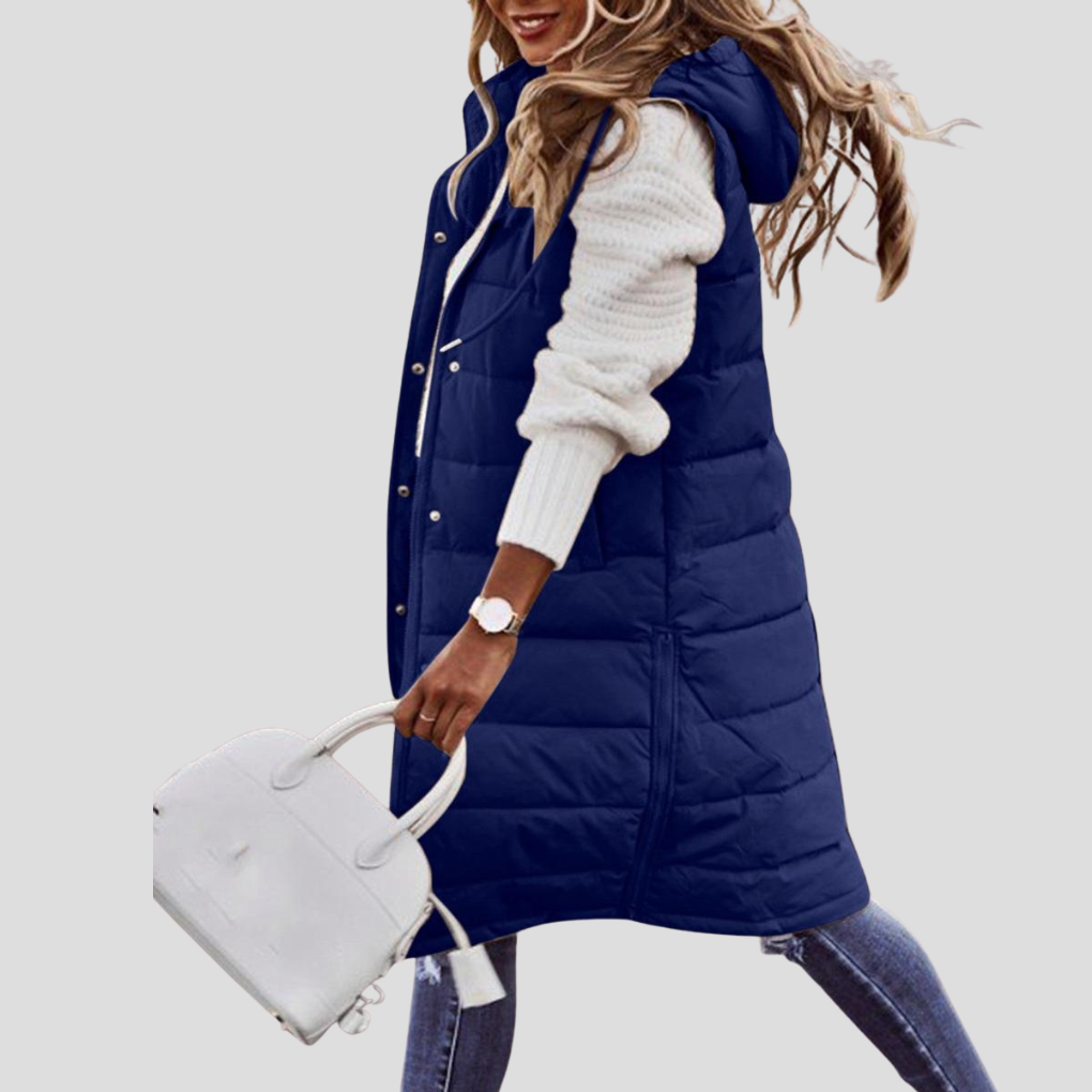 Stylish women's hooded bodywarmer, padded for warmth, versatile sleeveless jacket outerwear