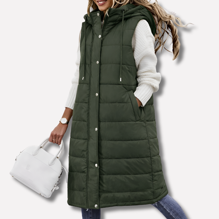 New4 womenswear long hooded vest, padded and sleeveless, ideal for cold weather fashion