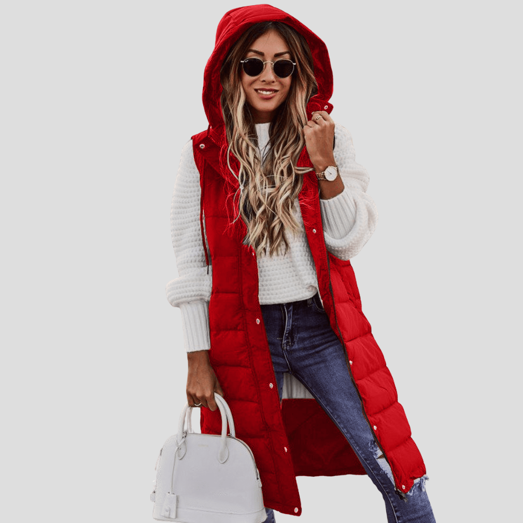 Warm hooded sleeveless jacket for women, long design, perfect winter outerwear