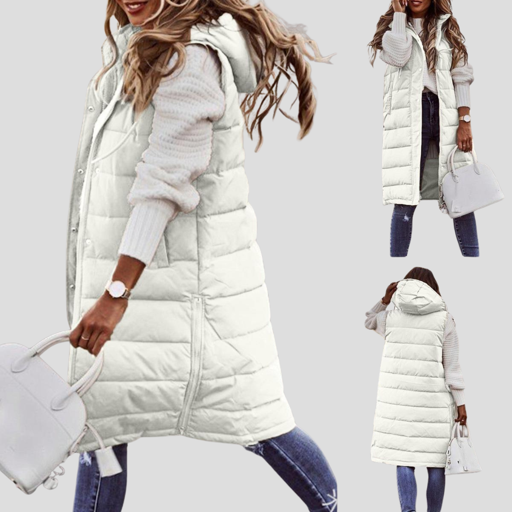 Fashionable women's long padded bodywarmer, hooded and sleeveless, essential winter vest