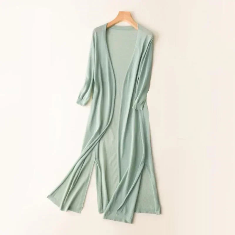 Side view of a versatile women's long open front cardigan, perfect for stylish layering outerwear.