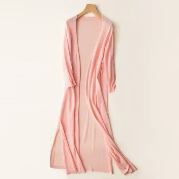 Elegant women's long open front cardigan, ideal for layering over a dress for sophisticated style.