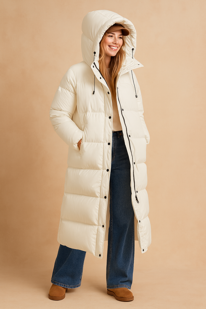 Stylish women's knee-length puffer coat, hooded and quilted for ultimate winter warmth.