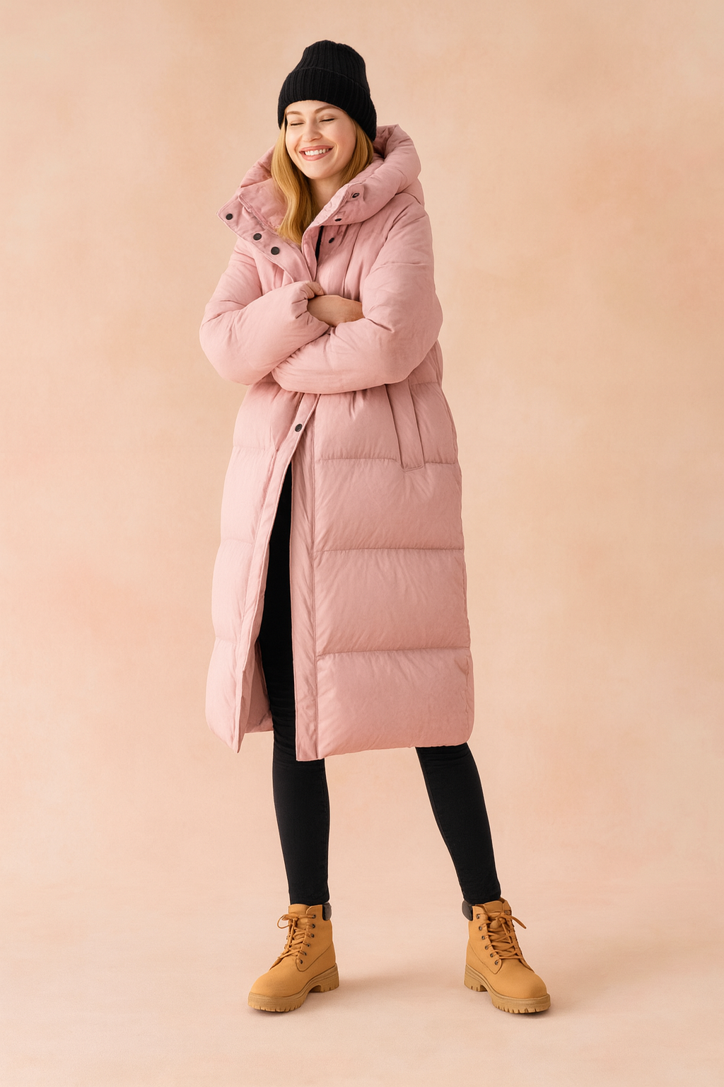 Warm long quilted hooded jacket for women, essential outerwear for cold winter fashion.