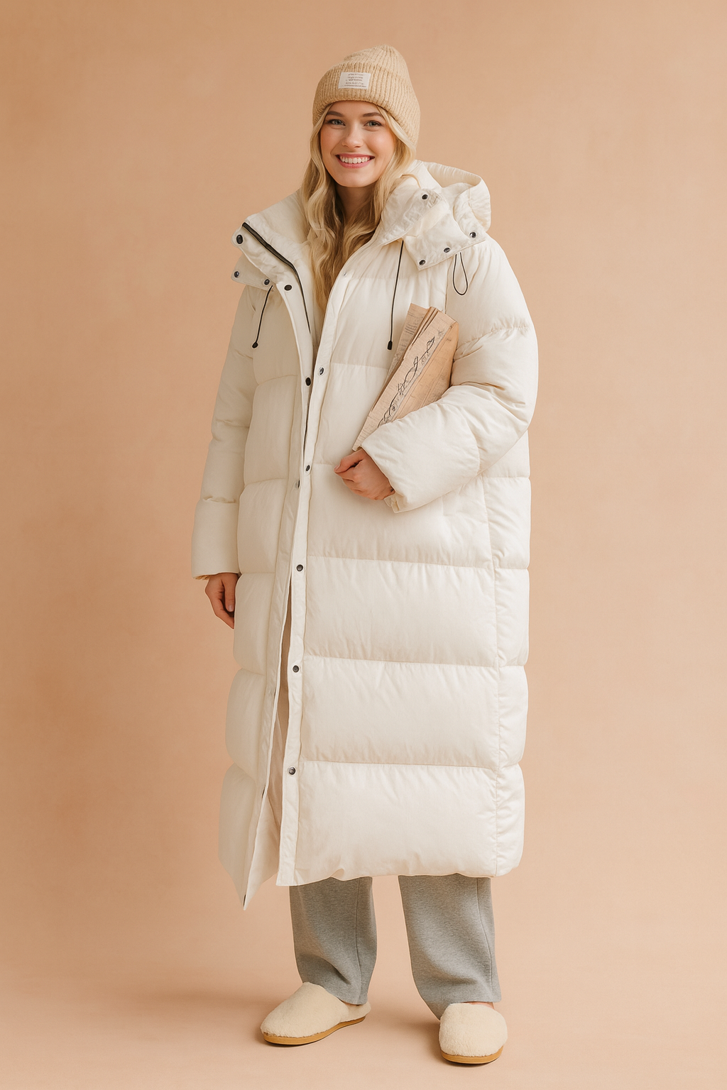 Women's casual long quilted winter coat with a hood, offering warmth and style for cold days.