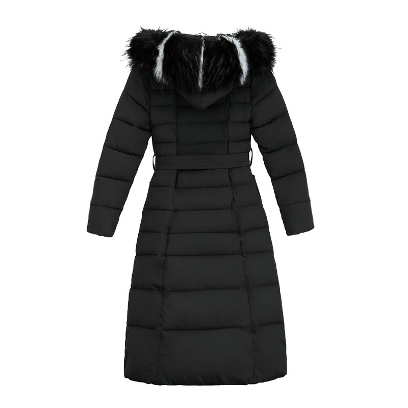 Women's warm outerwear: a long quilted hooded parka with belt, ensuring comfort in cold weather.