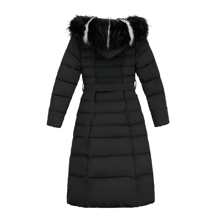 Women's warm outerwear: a long quilted hooded parka with belt, ensuring comfort in cold weather.