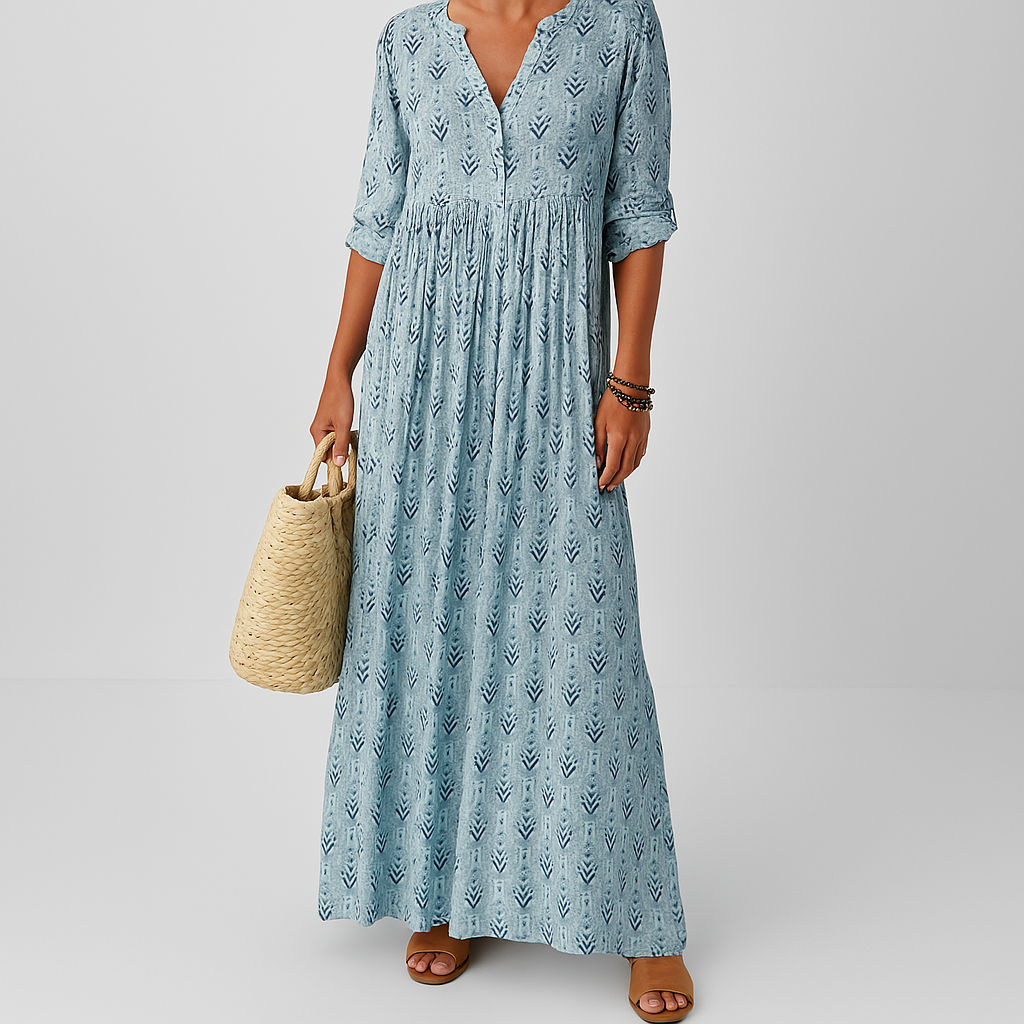 Women's long sleeve boho print maxi dress, vibrant floral pattern, casual summer style