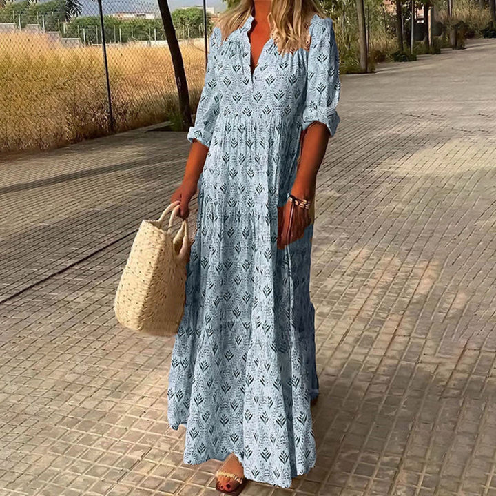 Flowy boho chic long sleeve maxi dress for women, intricate ethnic print detail