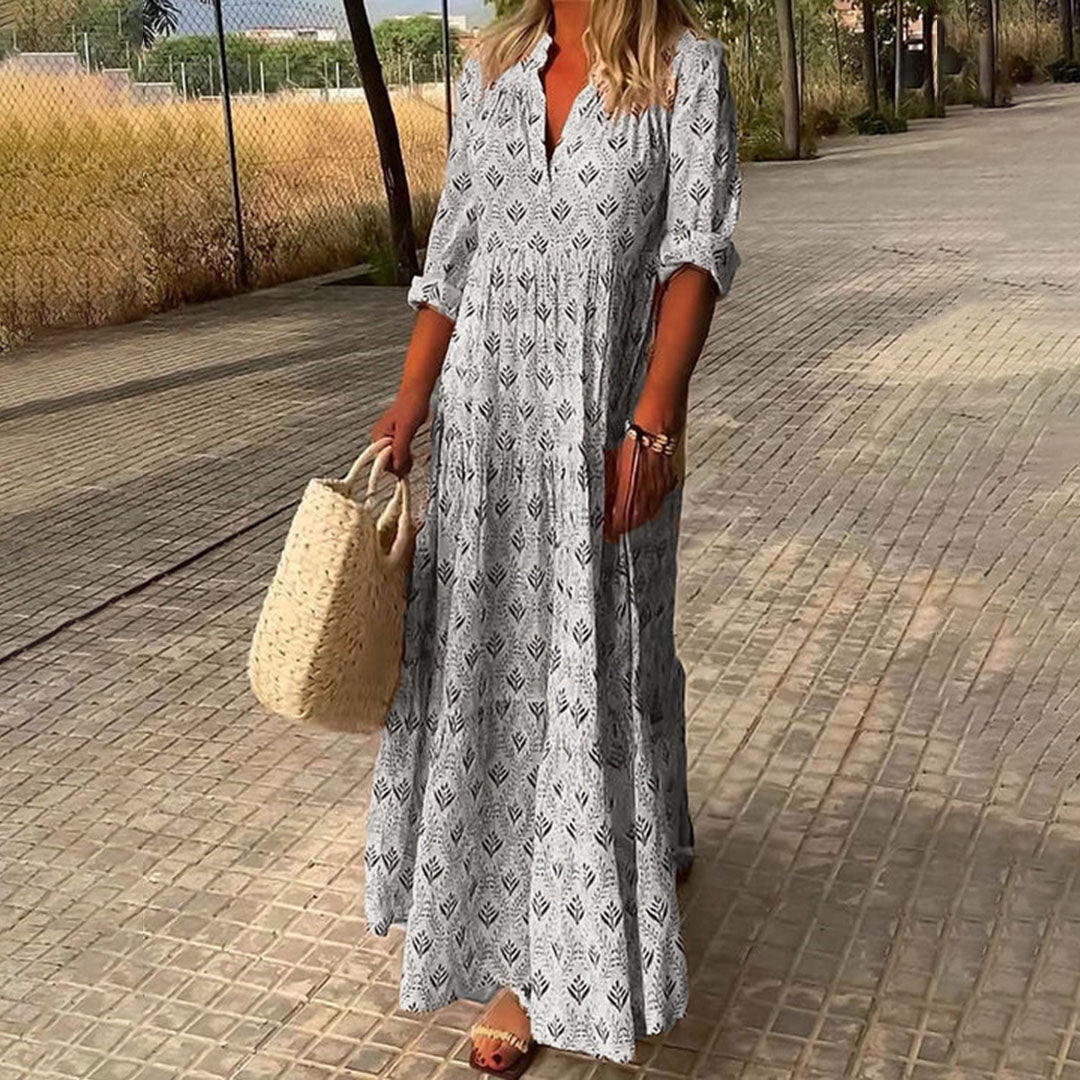 Casual women's long sleeve maxi dress with a colorful bohemian print, perfect for summer