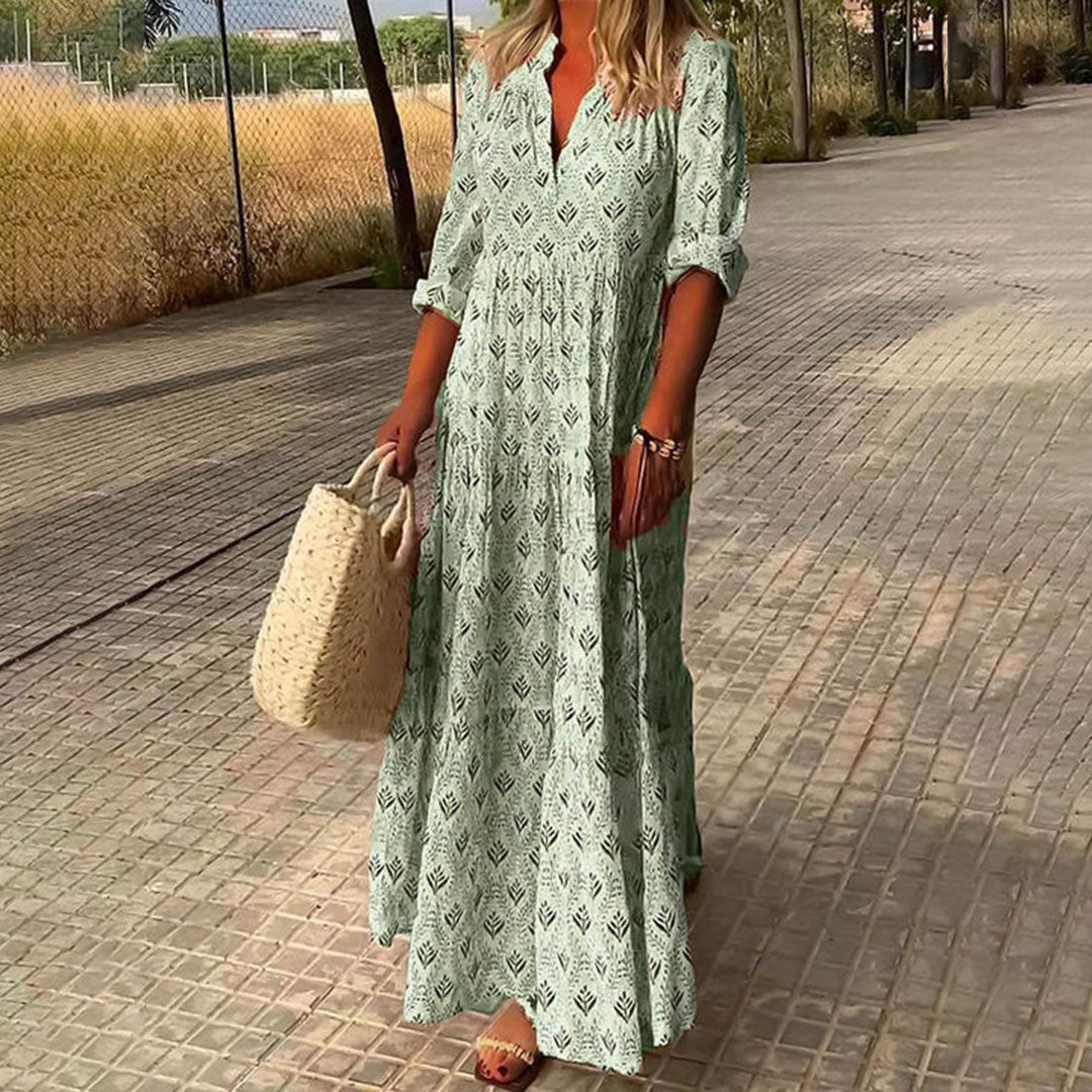 Elegant women's boho long sleeve maxi dress, all-over artistic print, comfortable fabric