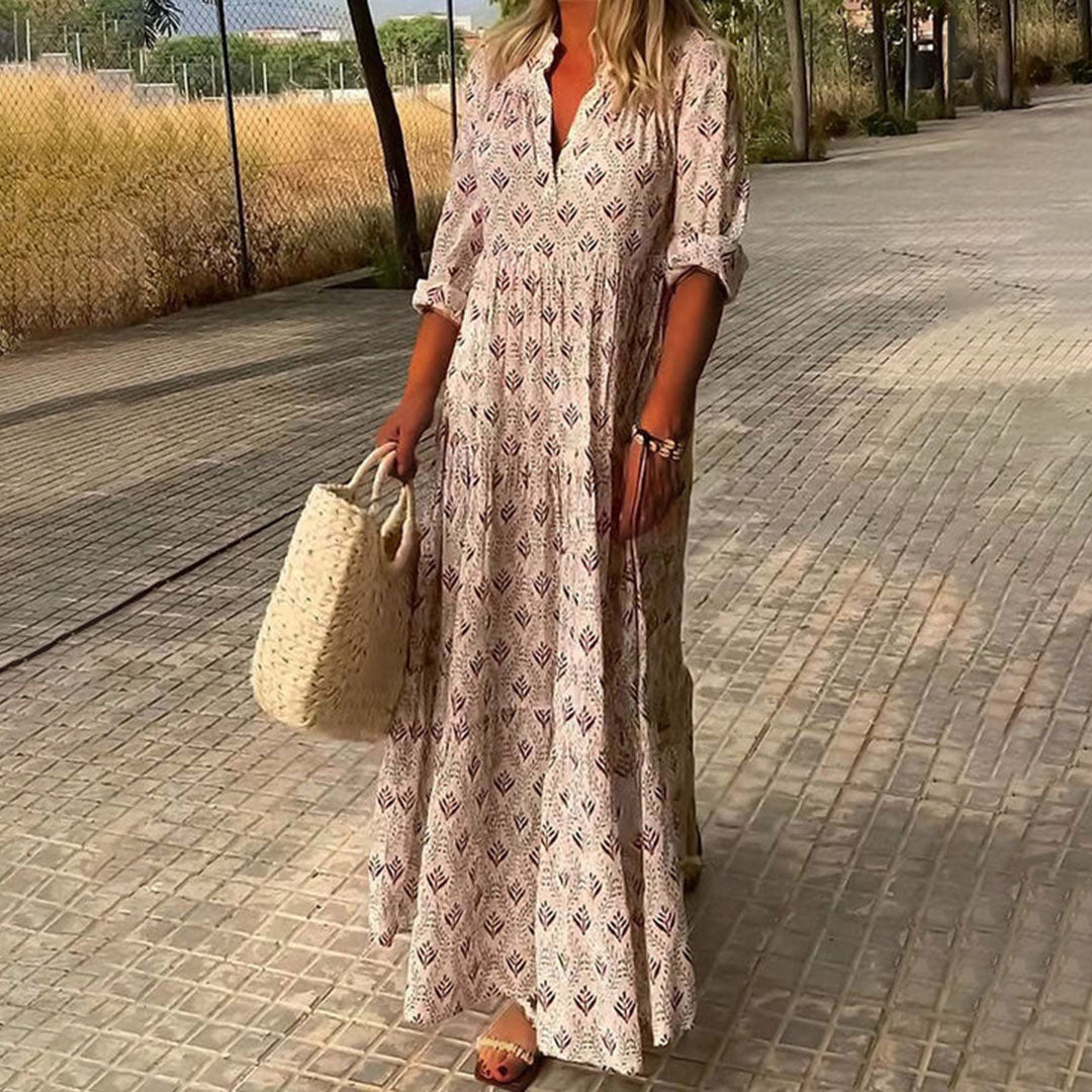 Maxi dress: women's long sleeve with bohemian print, relaxed fit, stylish summer apparel