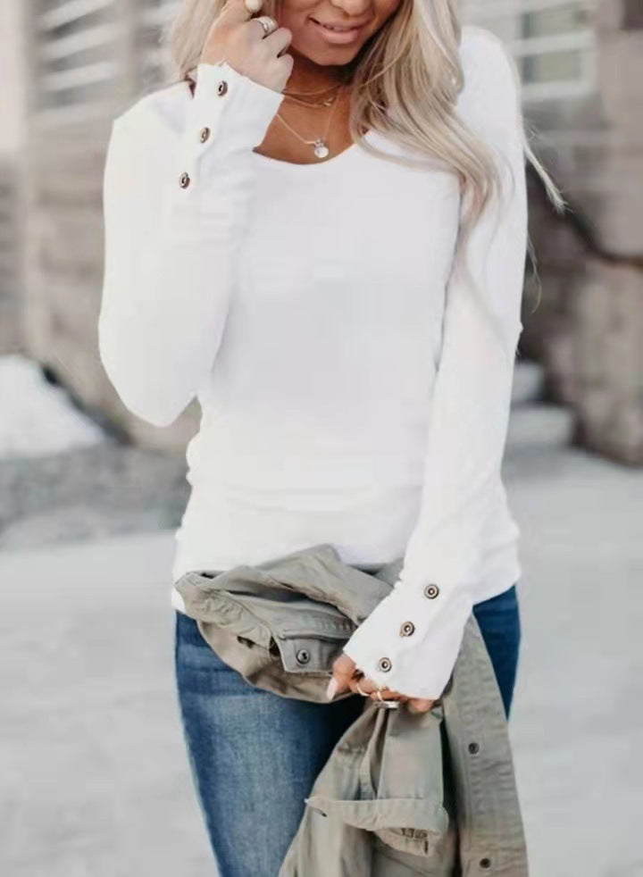 Women's long sleeve V-neck top with stylish button detail, perfect for everyday wear and comfort.