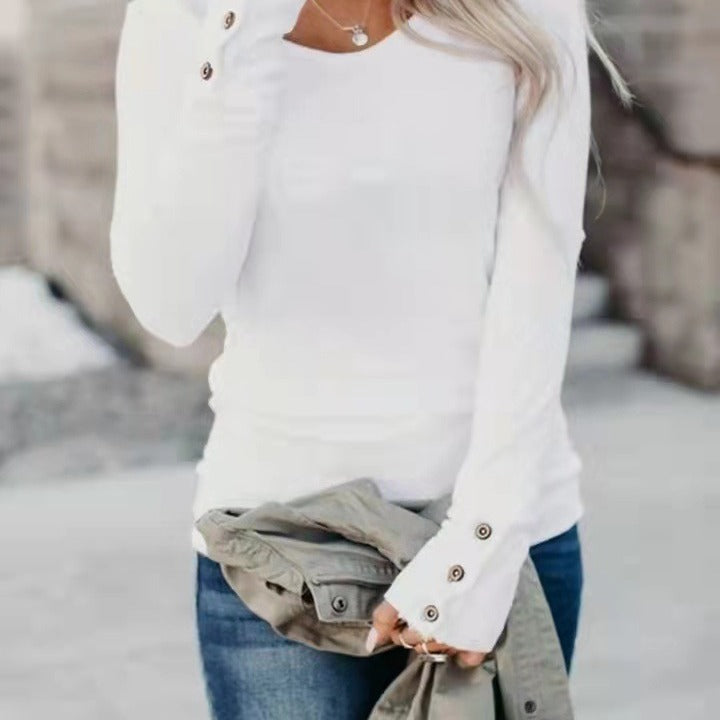 Chic women's long sleeve V-neck top, featuring decorative front button detail, offering a stylish slim fit.