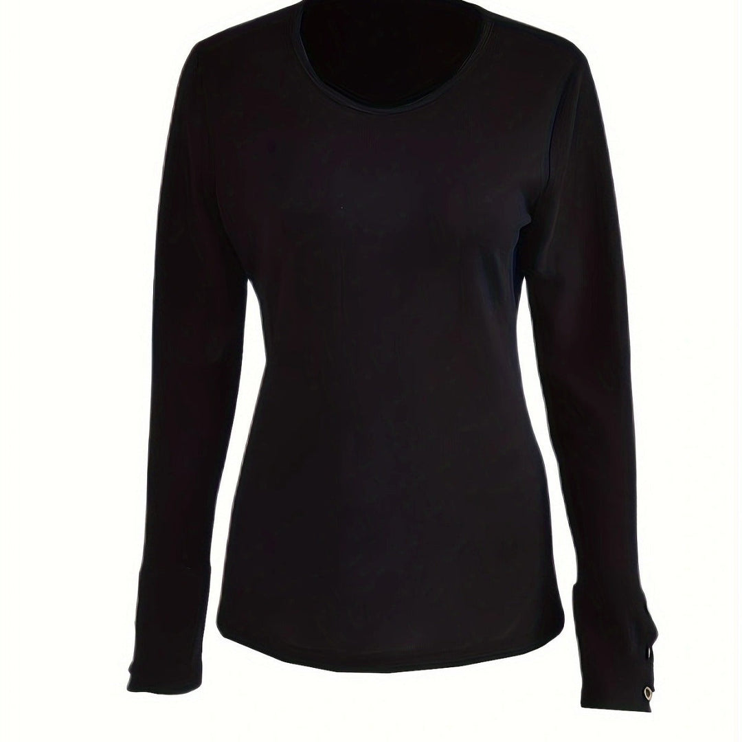 Slim-fit long sleeve V-neck top for women, designed with intricate button detail for a modern, comfortable look.