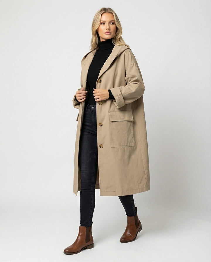 Women's long waterproof windproof trench coat, perfect for all seasons. Classic, elegant style & chic fashion outerwear.