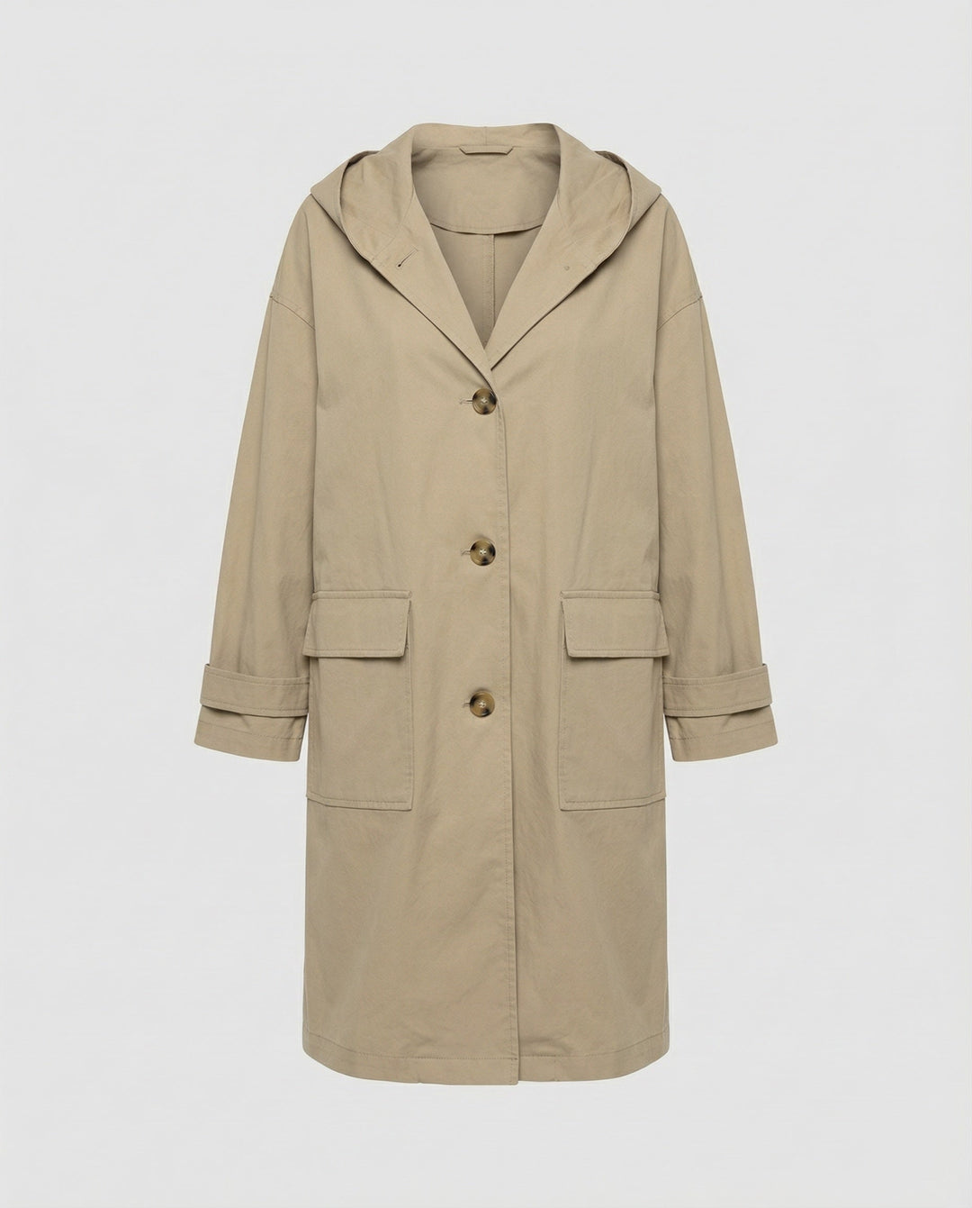 Durable women's long waterproof trench coat. Windproof classic style jacket for elegant all-weather outerwear & comfort.