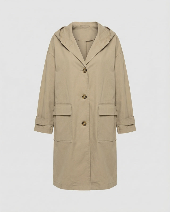 Durable women's long waterproof trench coat. Windproof classic style jacket for elegant all-weather outerwear & comfort.