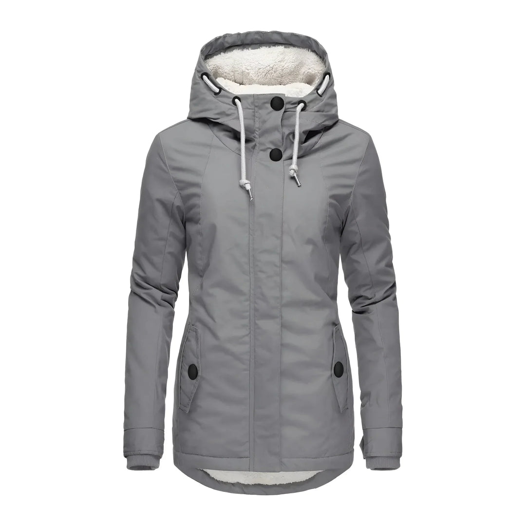 Women's long waterproof winter coat, fleece-lined for warmth, ideal outerwear protection.
