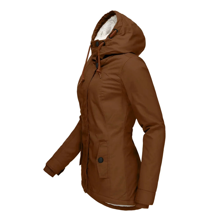 Women's long waterproof coat, a must-have fleece-lined outerwear for winter.