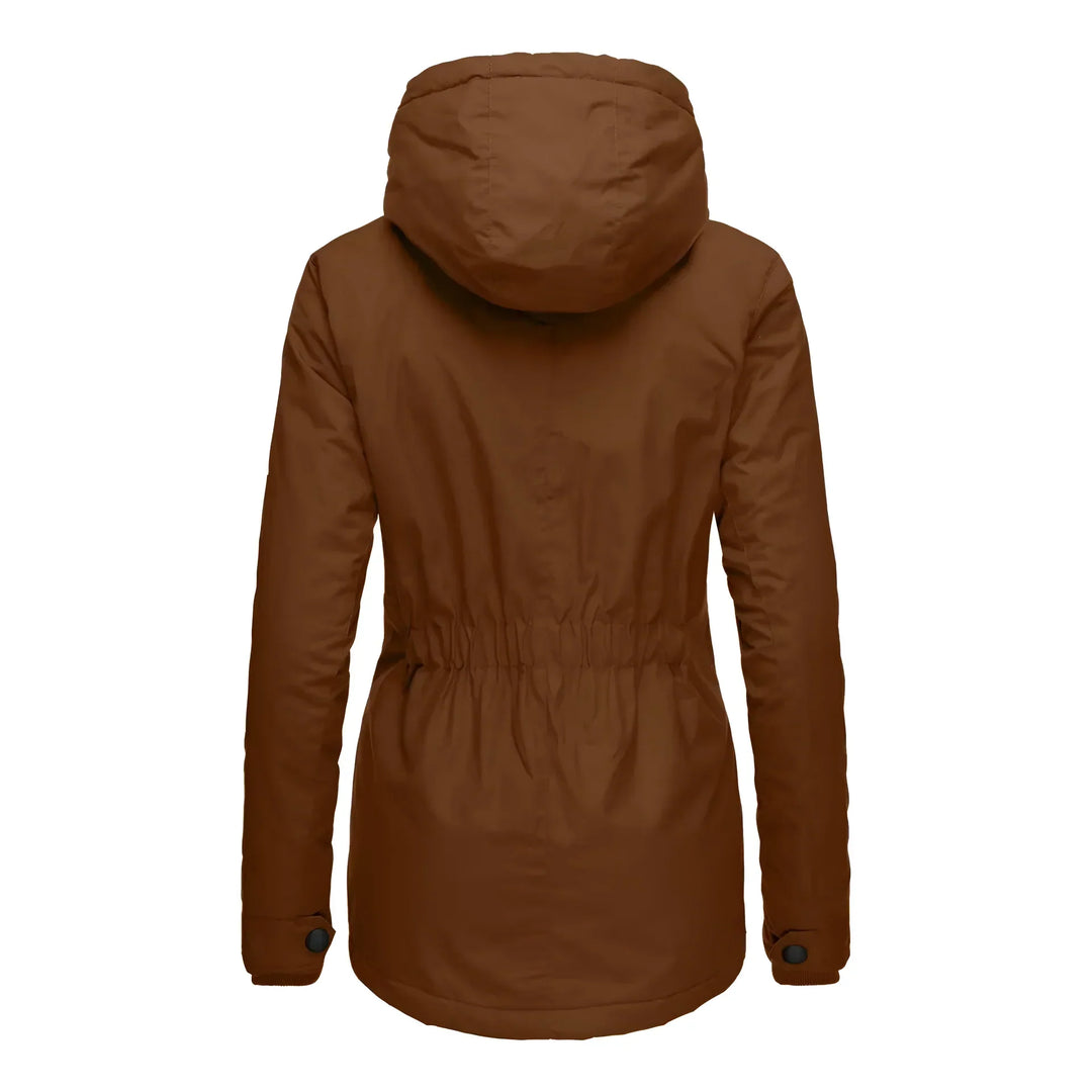Women's long warm coat, waterproof, and cozy fleece-lined for winter adventures.