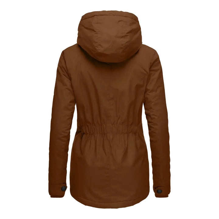 Women's long warm coat, waterproof, and cozy fleece-lined for winter adventures.