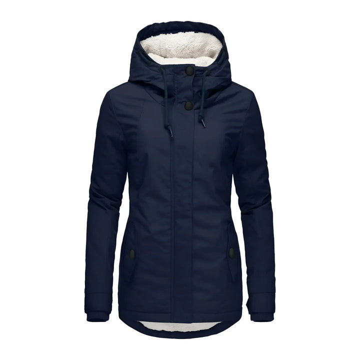 Fashionable women's long winter coat, waterproof exterior, cozy fleece lining.