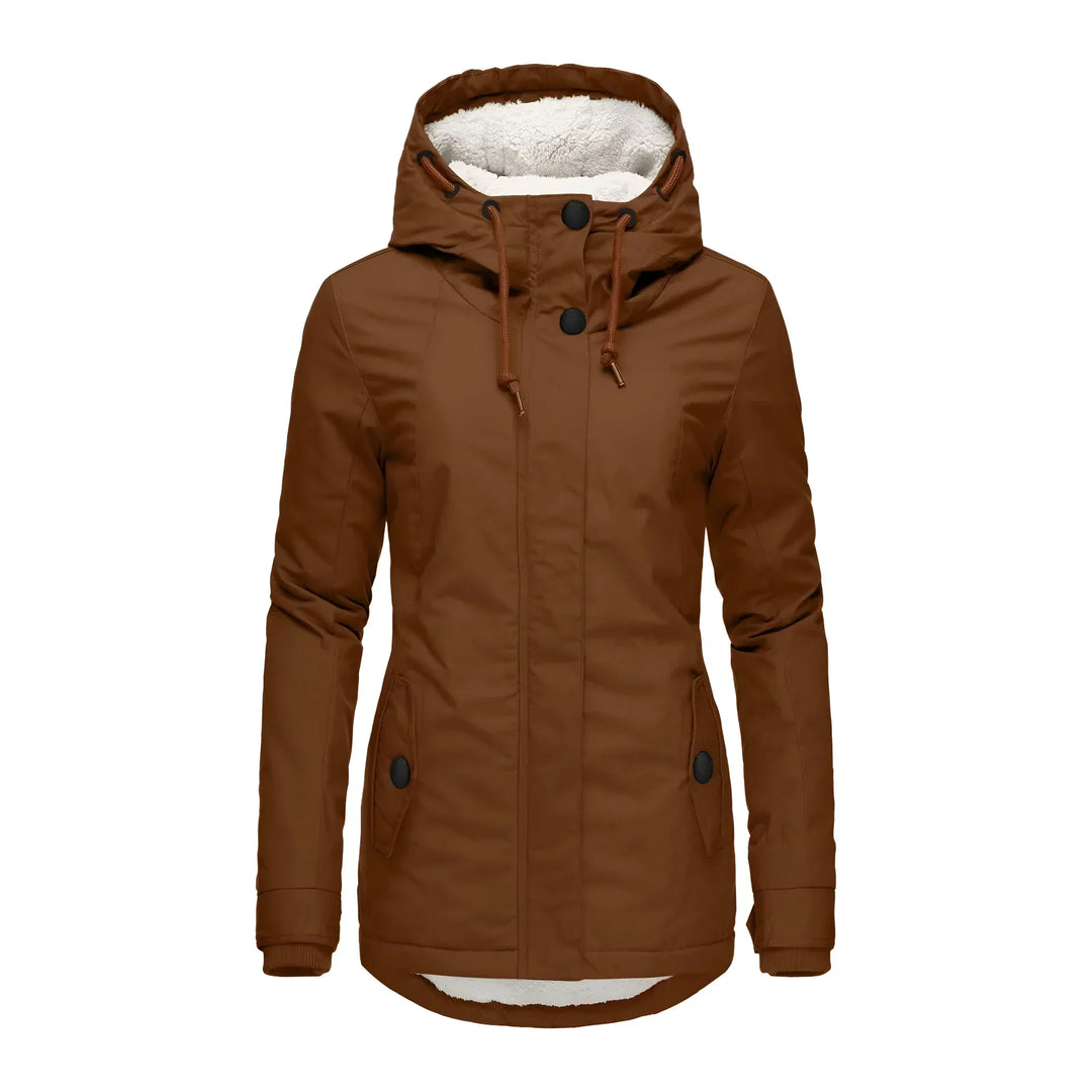 Warm women's long coat, waterproof and fleece-lined, perfect for cold weather.