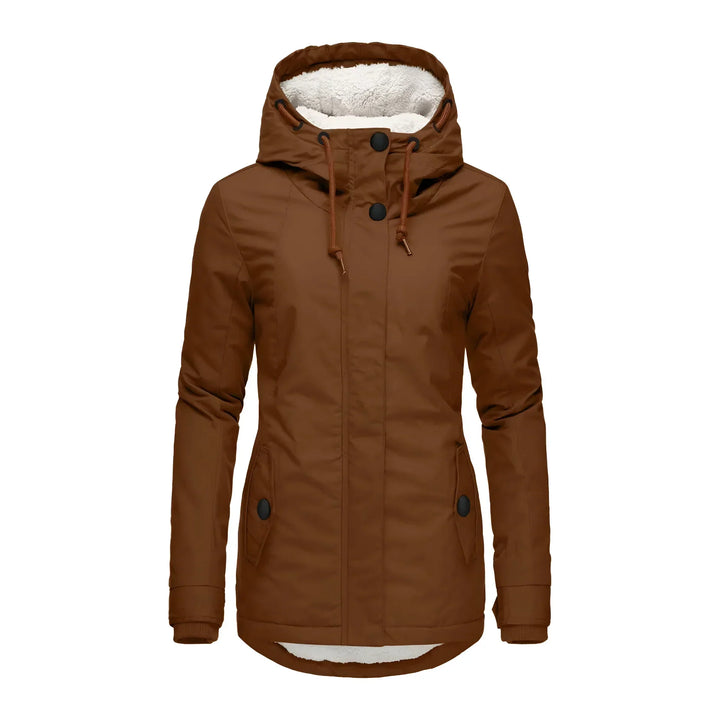 Warm women's long coat, waterproof and fleece-lined, perfect for cold weather.