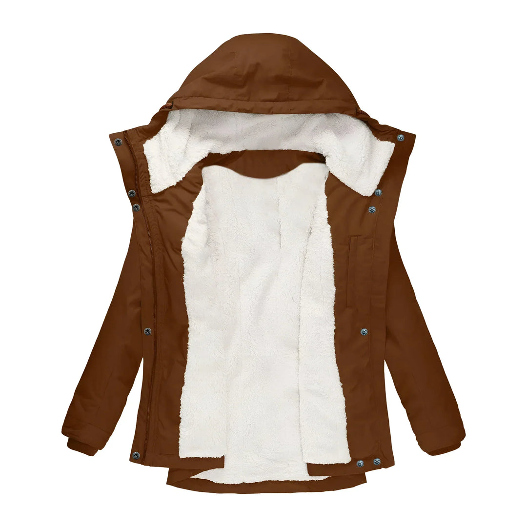 Practical women's long warm jacket, waterproof and fleece-lined for ultimate protection.