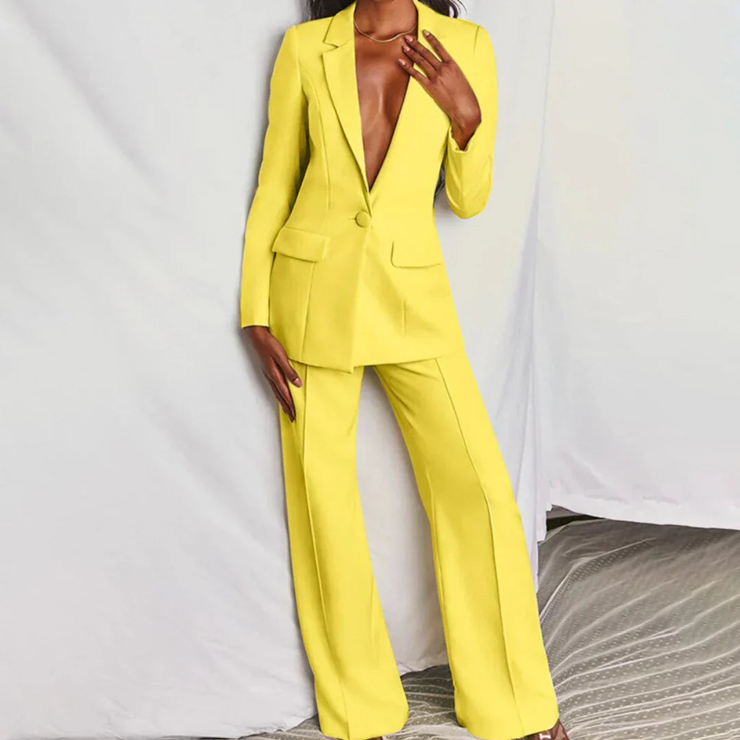 Women's longline blazer and wide-leg trouser suit in elegant summer style, perfect for careerwear.