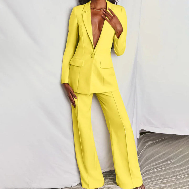 Women's longline blazer and wide-leg trouser suit in elegant summer style, perfect for careerwear.