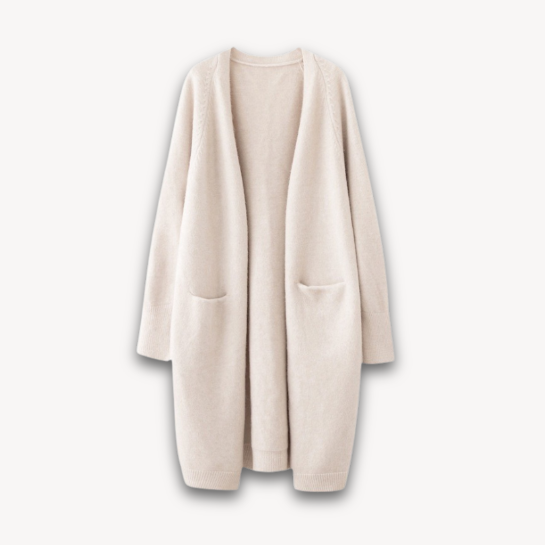 Women's longline open-front knit cardigan in a light spring color, perfect for casual layering.