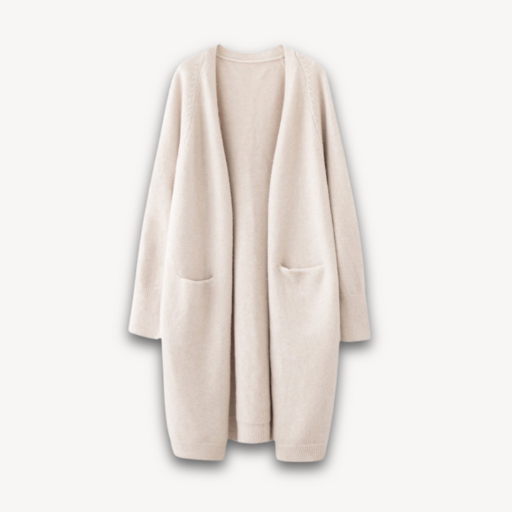 Women's longline open-front knit cardigan in a light spring color, perfect for casual layering.