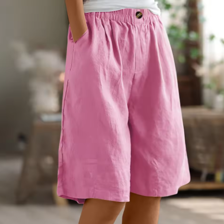 Front view of women's comfortable loose fit shorts with an elastic waist, ideal for warm weather.