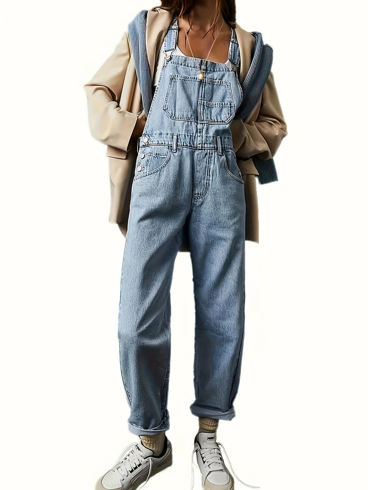 Women's loose fit denim dungarees, perfect for casual wear & comfort and everyday outfits.
