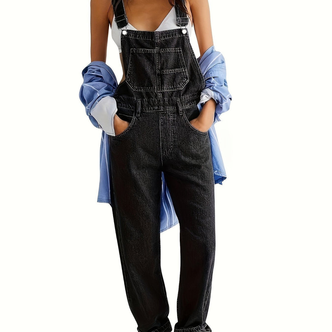 Full length view of women's comfortable loose fit denim dungarees, versatile casual everyday wear.