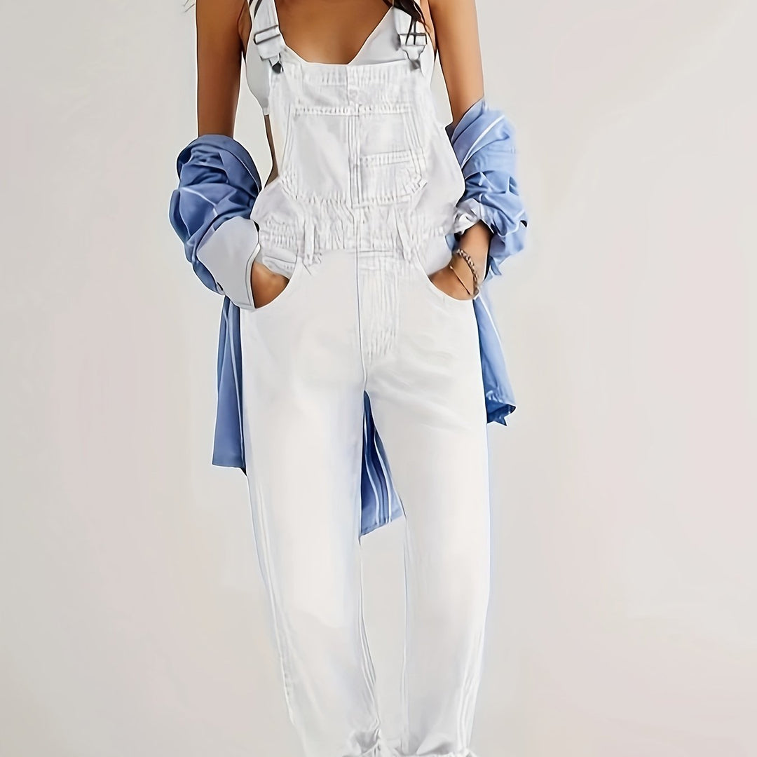 Versatile women's loose fit denim dungarees from multiple angles, showcasing casual fashion.