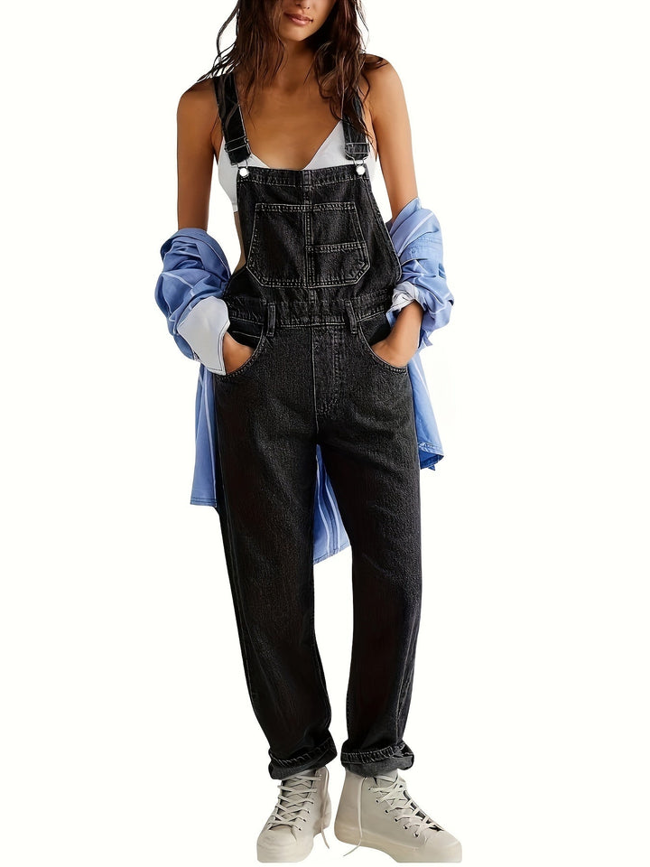 Side view of women's loose fit denim overalls, ideal for relaxed casual fashion and comfort.