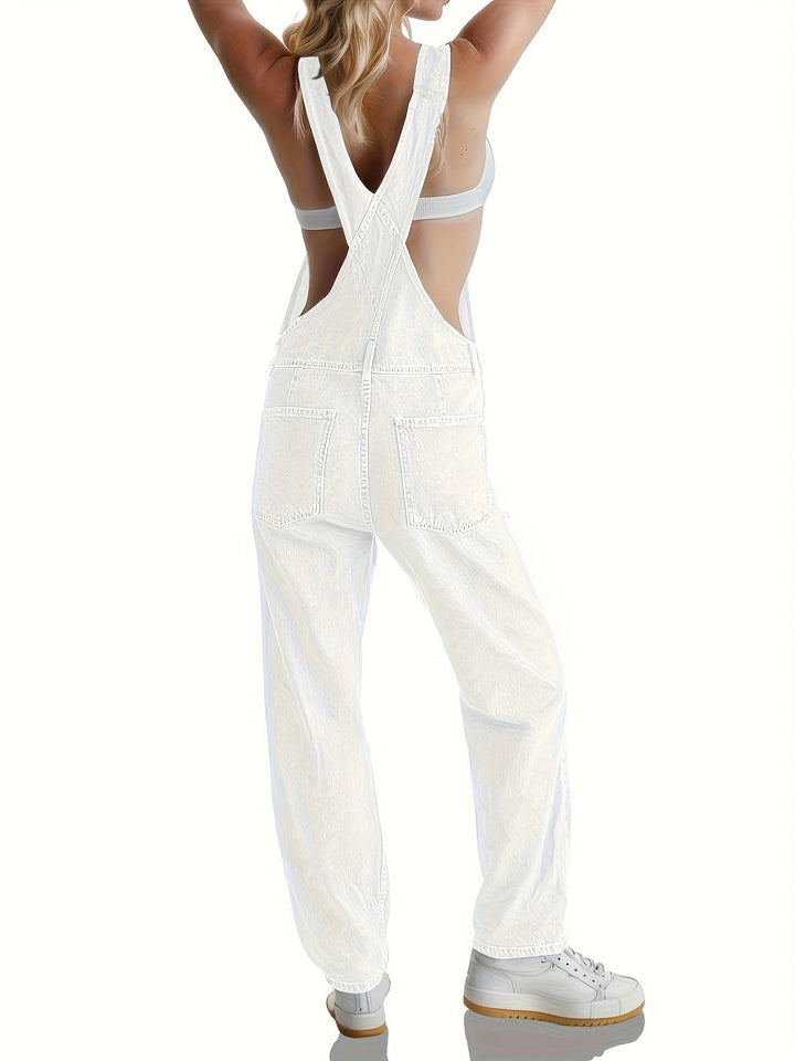 Back view of ladies denim dungarees, showcasing the loose fit and versatile casual style.