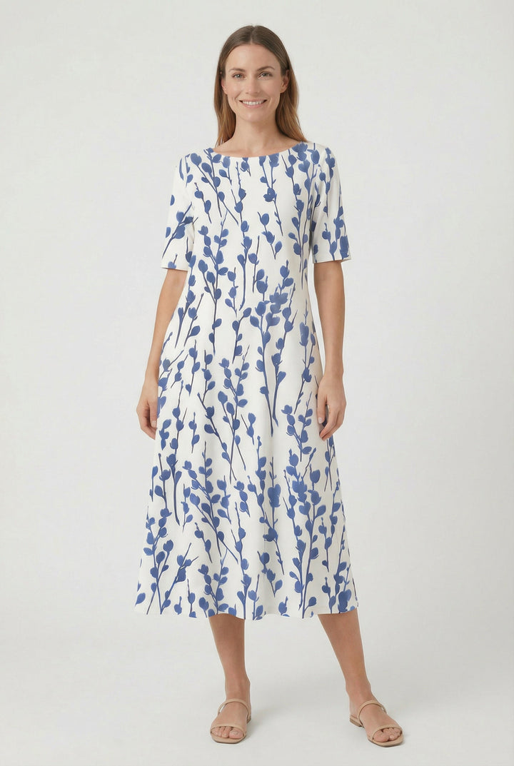 Women's loose fit floral midi dress with short sleeves, ideal for summer casual wear, vacation, or garden parties.