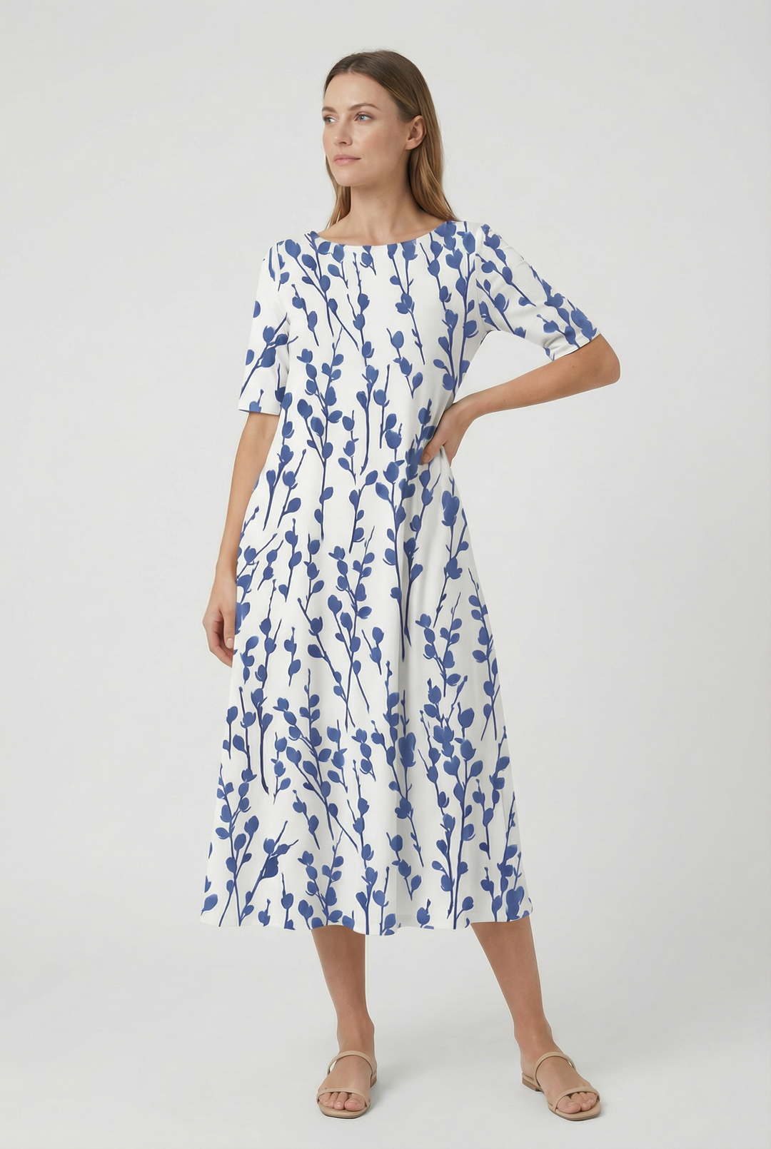 Comfortable women's floral midi dress with short sleeves, loose fit, perfect for breathable summer style & garden parties.