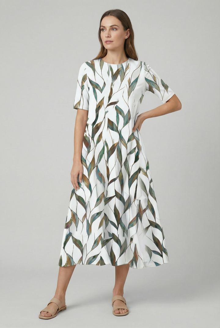 Women's beautiful floral midi dress, short sleeve, loose fit, comfortable & stylish for summer casual fashion.