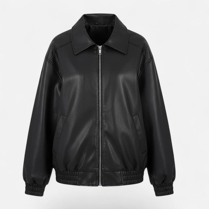 Women's loose-fit moto jacket in chic black, perfect for effortless transitional style. Stylish outerwear.