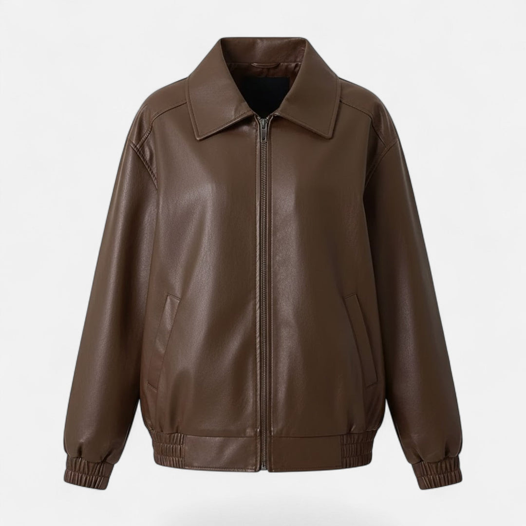 Modern women's loose moto style jacket, a chic transitional outerwear piece for effortless casual elegance.